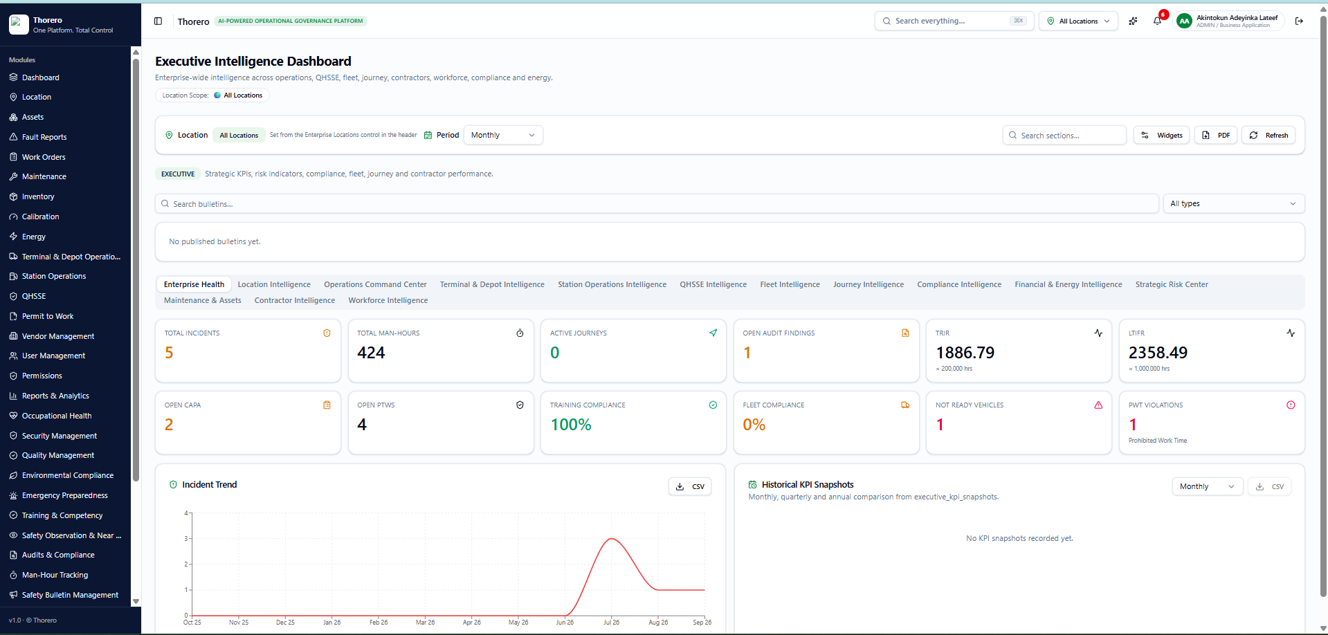 Thorero Executive Intelligence Dashboard with strategic KPIs and governance metrics