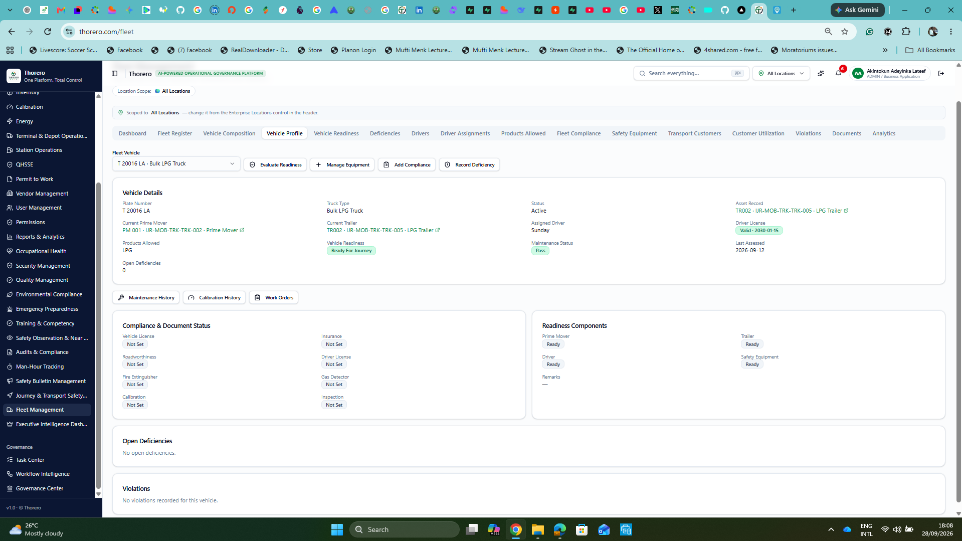 Thorero Fleet Management vehicle profile with readiness and compliance status